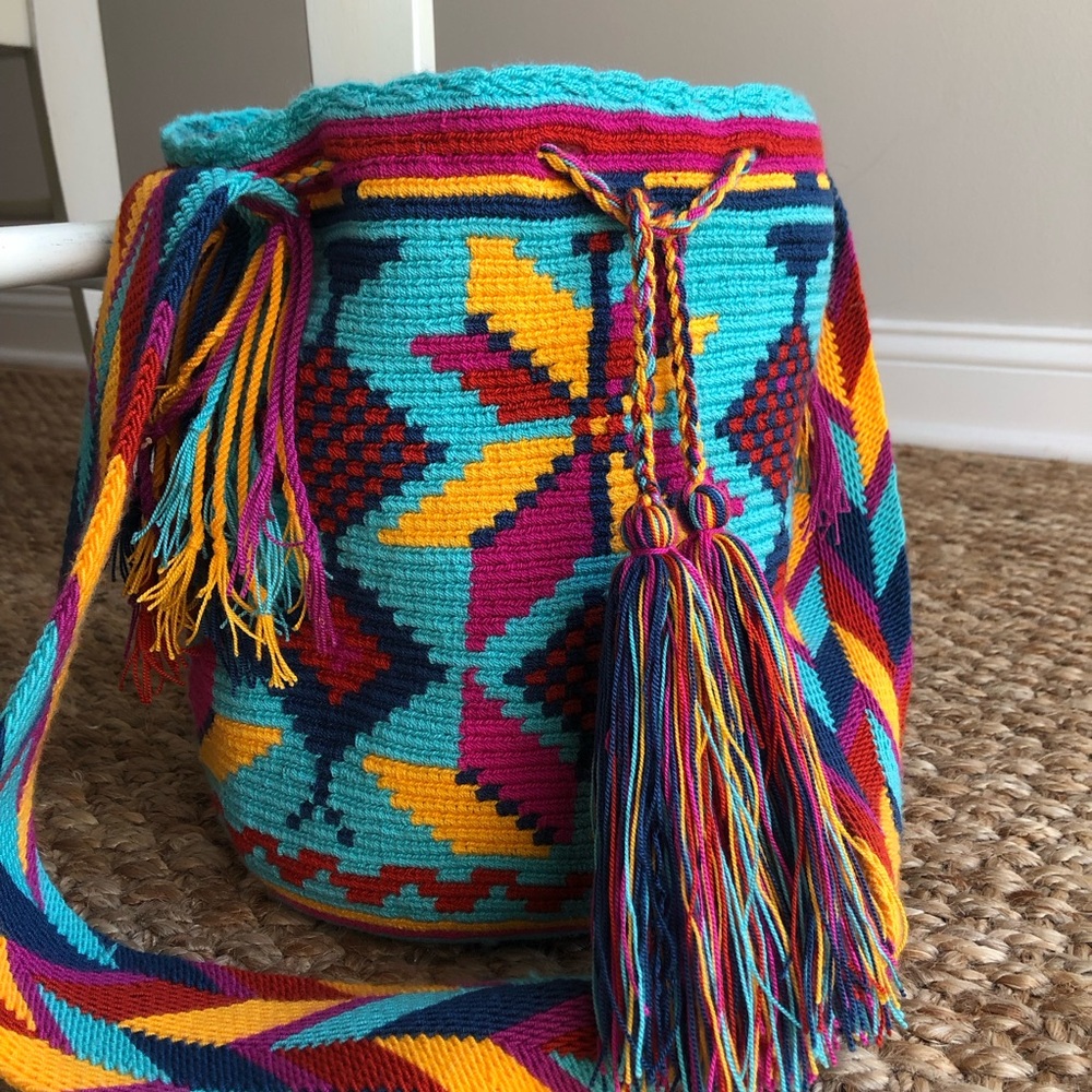 New: Wayuu Mochila Tasseled Cotton Drawstring Bucket Bag - Picture 2 of 12